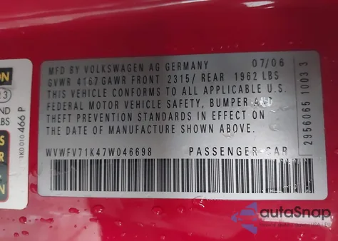 2007 Volkswagen Gti 2-Door из США, поврежденный, VIN WVWFV71K47W046698